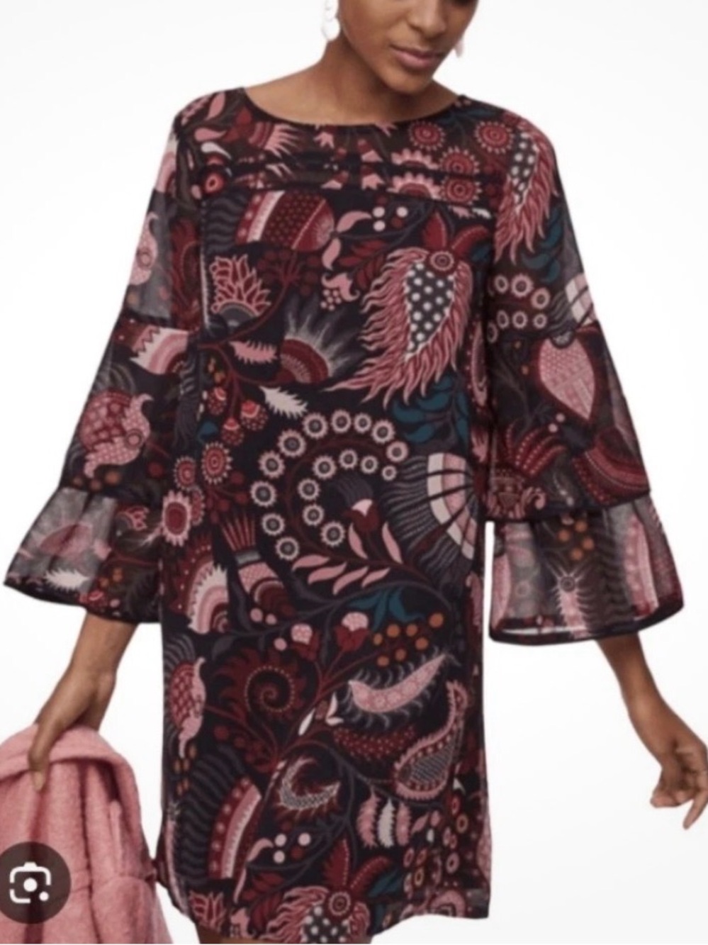 LOFT Black and Pink Paisley Bell-Sleeve Shift Dress Size Medium Tall